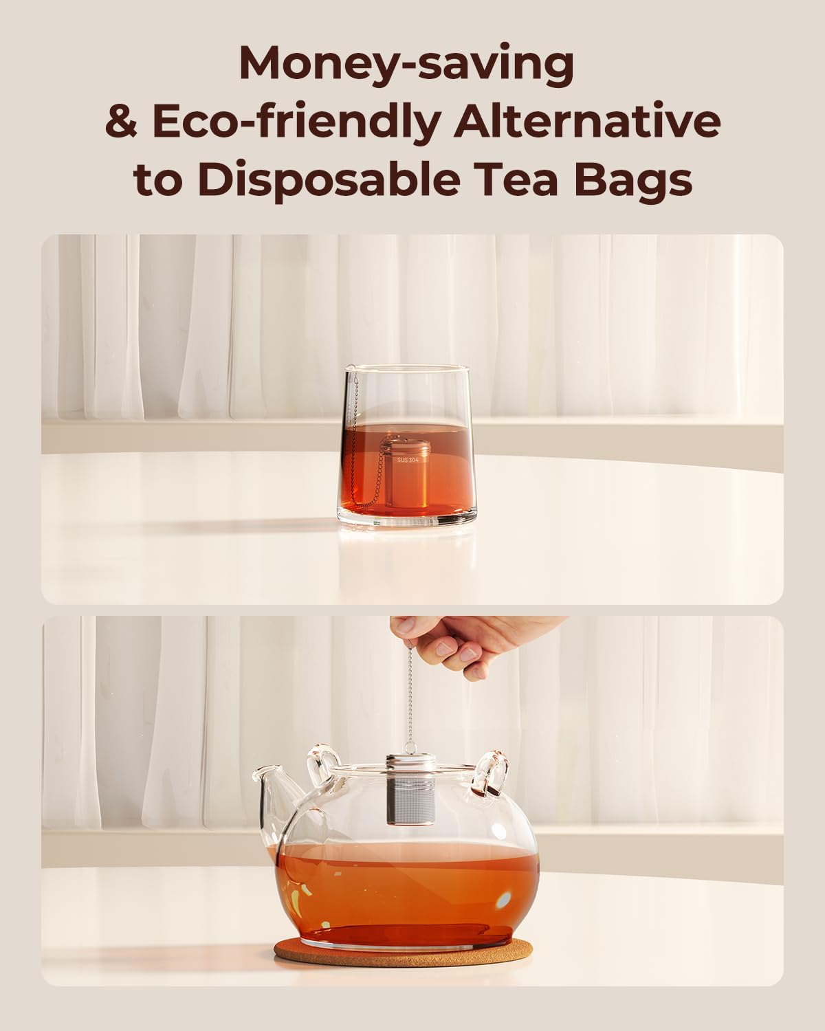 2 Pack Reinmoson Large Tea Infuser for Loose Tea & Spice Infuser for Cooking, 2.1” x 2.9” Extra Fine Mesh Large Tea Strainers, 304 Stainless Steel Loose Leaf Tea Steeper for Black Tea, Rooibos, etc