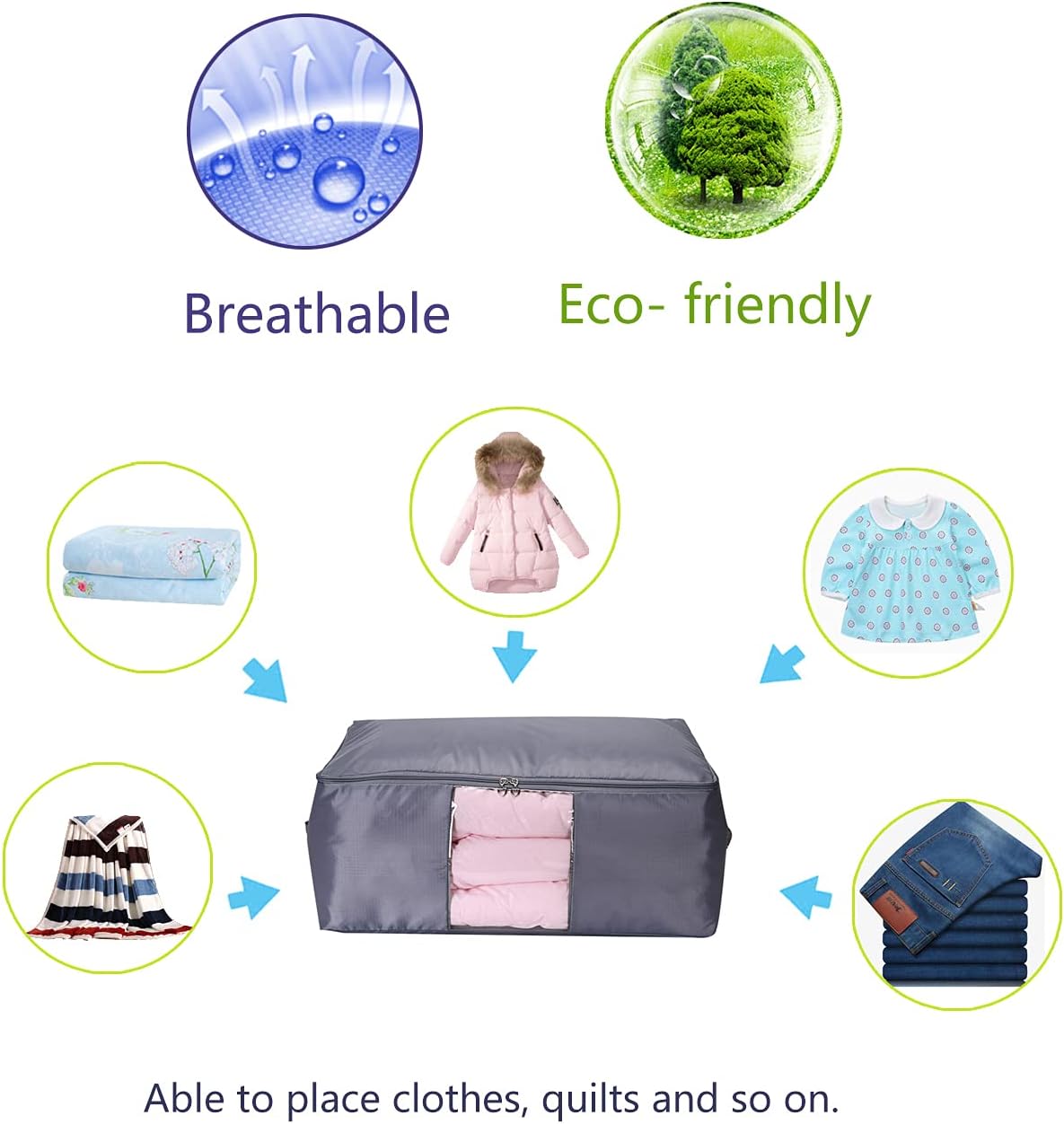 Blanket Storage Bags Pillow Bedspread Bedding Clothes Organizer Storage Containers With Zippers Breathable and Moistureproof. (Navy blue 2pcs, L)