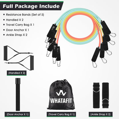 WHATAFIT Resistance Bands, Exercise Bands, Workout Bands with Handles, Door Anchor and Ankle Straps, 5 Resistance Levels Fitness Bands for Strength Training, Physical Therapy, and Home Gym Equipment