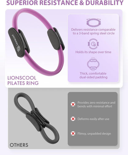 LIONSCOOL Pilates Ring Set – 14" Anti-Deformation Magic Circle with Padded Handles, Mini Ball, Resistance Bands, Guide & Bag