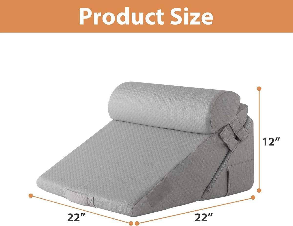 BIEEZZK Wedge Pillow Set for After Surgery, Wedge Pillow for Acid Reflux, Bed Wedge Pillow with Adjustable 9&12inch for Headboard,Sleeping, Orthopedic Memory Foam for Neck&Back Support, White/Grey