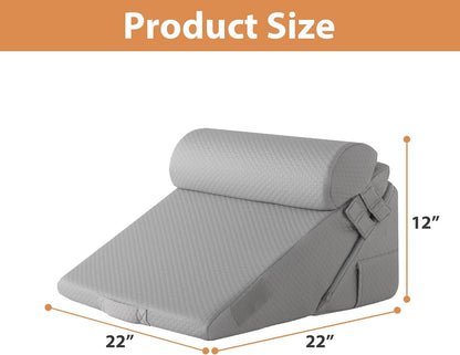 BIEEZZK Wedge Pillow Set for After Surgery, Wedge Pillow for Acid Reflux, Bed Wedge Pillow with Adjustable 9&12inch for Headboard,Sleeping, Orthopedic Memory Foam for Neck&Back Support, White/Grey