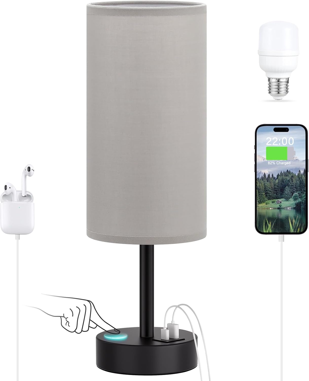 Dicoool Touch Bedside Table Lamp with USB - 3 Way Dimmable Wood Lamp for Bedroom Nightstand, Desk Lamp with Charging Station for Dorm, Living Room, Office, Kids Room, Small, 14in
