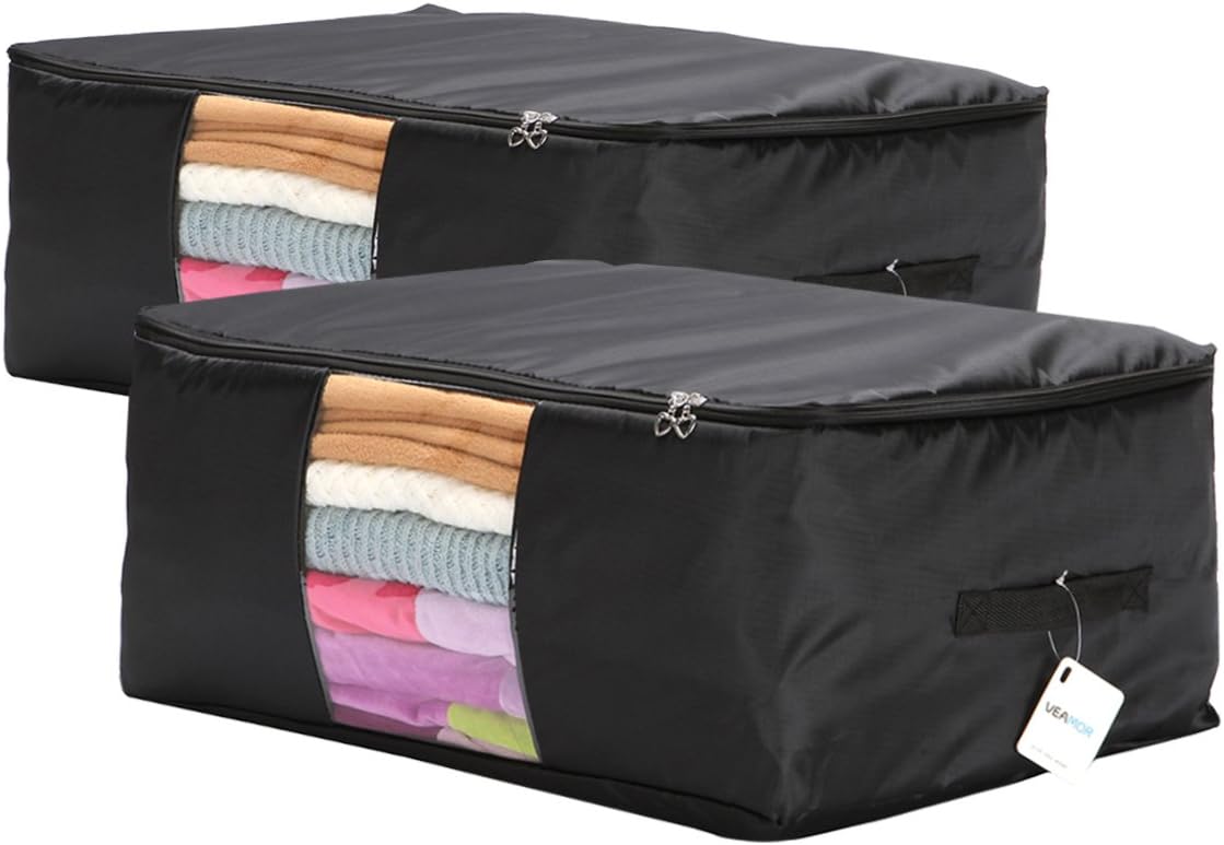 Blanket Storage Bags Pillow Bedspread Bedding Clothes Organizer Storage Containers With Zippers Breathable and Moistureproof. (Navy blue 2pcs, L)