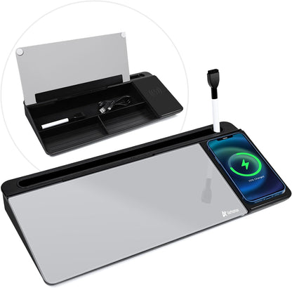 Varhomax Glass Weekly Dry Erase Desk White Board, Desktop to Do List Planner Whiteboard Calendar with Storage Caddy Memo for Home and Office, White