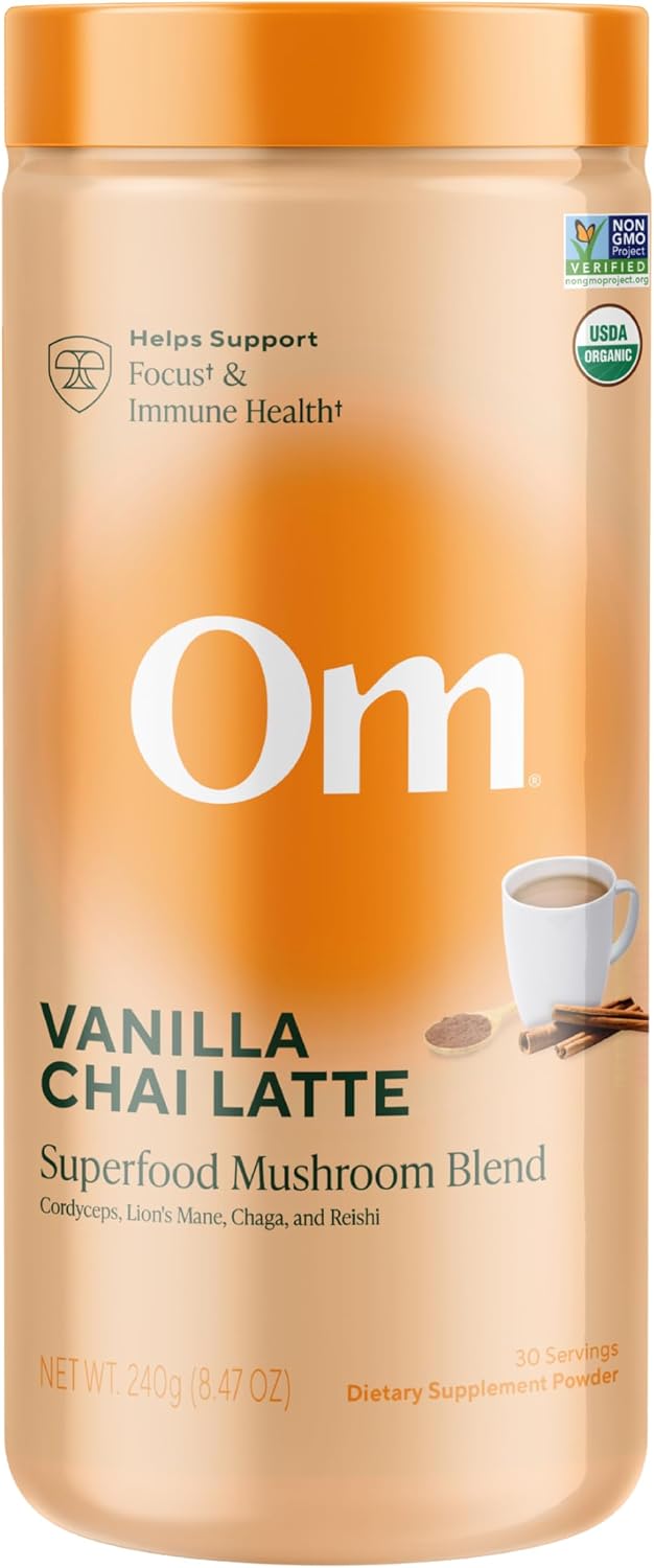 OM MUSHROOM SUPERFOOD Matcha Latte Blend – Green Tea Mushroom Powder with Lion’s Mane, Reishi, Chaga & Turkey Tail – Focus, Calm & Stress Support – 8.47 oz Canister (30 Servings)