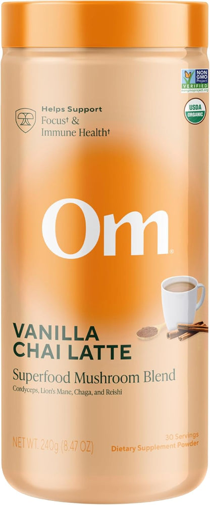OM MUSHROOM SUPERFOOD Matcha Latte Blend – Green Tea Mushroom Powder with Lion’s Mane, Reishi, Chaga & Turkey Tail – Focus, Calm & Stress Support – 8.47 oz Canister (30 Servings)