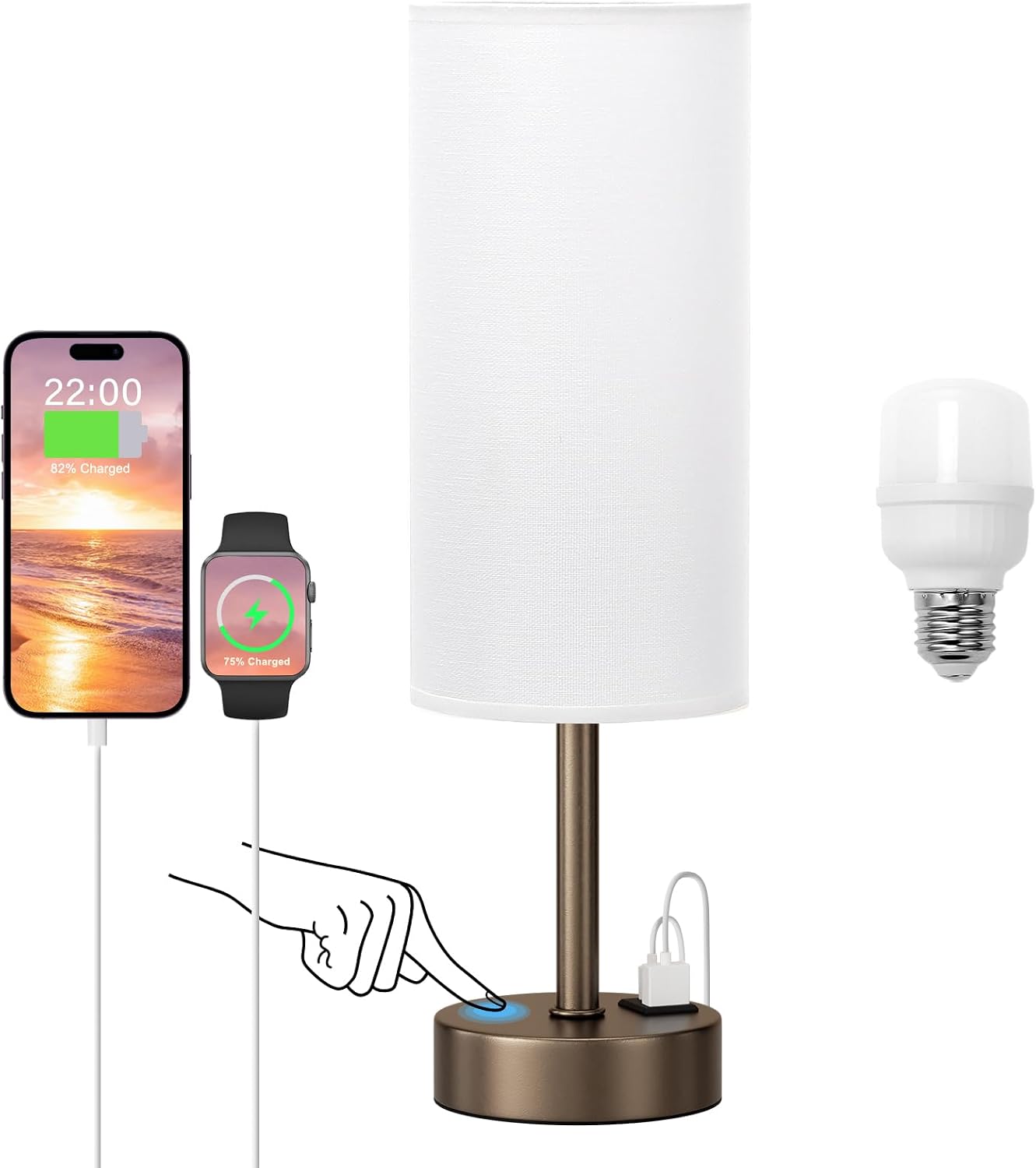 Dicoool Touch Table Lamp for Bedroom, 3 Way Dimmable Bedside Lamp with USB C & A Charging Ports - Small Desk Lamp for Dorm Room, College, Kids, Office, Living Room, White