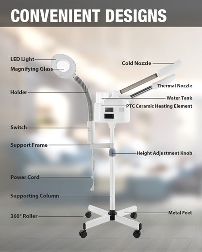 Professional Facial Steamer 3 in 1 Steamer for Face with Hot & Cold Nozzle 5X LED Magnifying Lamp Facial Steamer for Esthetician Beauty Face Equipment Use at Home or Salon