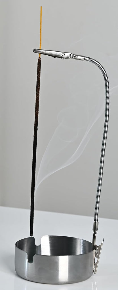 Modern Incense Holder with Flexible Metal Stand, Silver Ash Collector Base, Minimalist Design for Home Meditation and Aromatherapy. (Black + Clip)