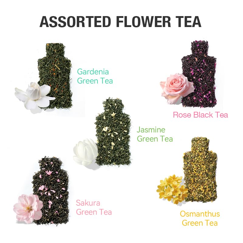 FUNTEA Cold Brew Flower Tea Sampler, Caffeine-Free Unsweetened Herbal Tea, 5 Flavors Variety Pack, Individually Wrapped Tea Bags, Refreshing Iced Tea, 10 Count (Pack of 1)