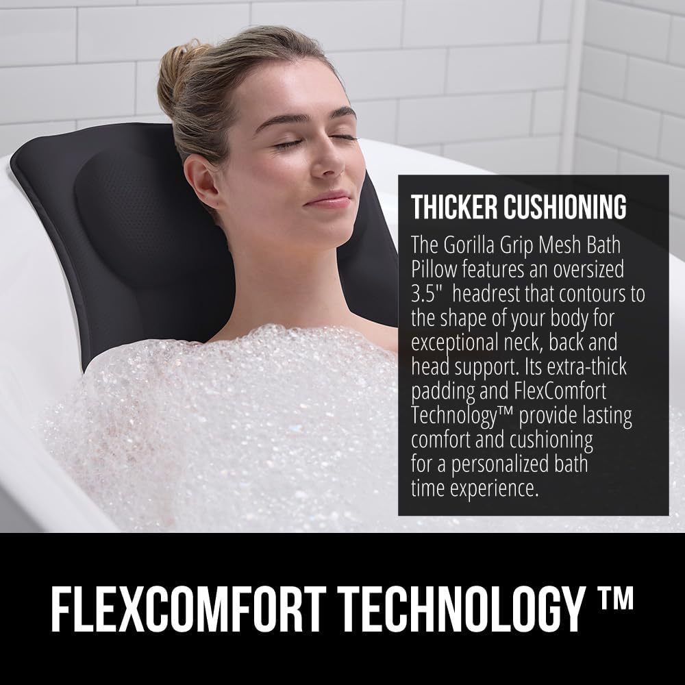 GORILLA GRIP Bath Pillow for Tub, 6 Strong Suction Cups, 4D Mesh FlexComfort Headrest for Neck, Head and Back Support, Luxury Machine Washable Pillows, Bathtub Accessories, Spa Gifts for Women, White