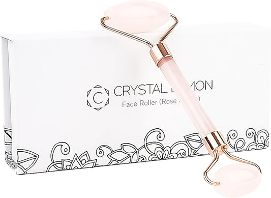 C CRYSTAL LEMON Rose Quartz Facial Roller for Face and Neck, Dual-End Natural Stone Face Roller, Cooling Massage Tool for Puffiness Appearance, Smooth Rolling Skincare Accessory