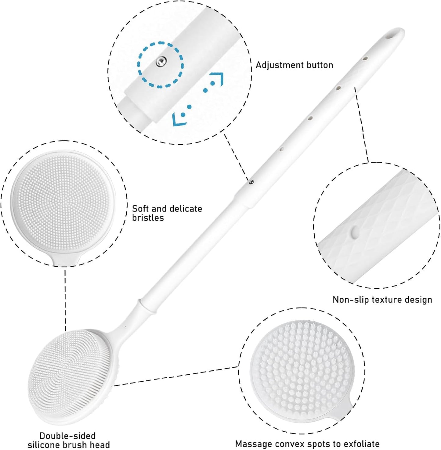 OZNER 24 Inches Silicone Back Scrubber for Shower - Extendable Long Handle Shower Brush with Dual-Sided Bristles - Exfoliating Body Scrubber for Sensitive Skin - Perfect for Men & Women (Black)