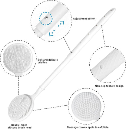 OZNER 24 Inches Silicone Back Scrubber for Shower - Extendable Long Handle Shower Brush with Dual-Sided Bristles - Exfoliating Body Scrubber for Sensitive Skin - Perfect for Men & Women (Black)