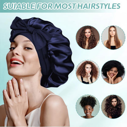 VECIIR Silk Bonnet for Sleeping Women, Ajustable Hair Bonnet for Curly Hairs Satin Bonnet Reduce Friction Prevent Frizz Black，Large