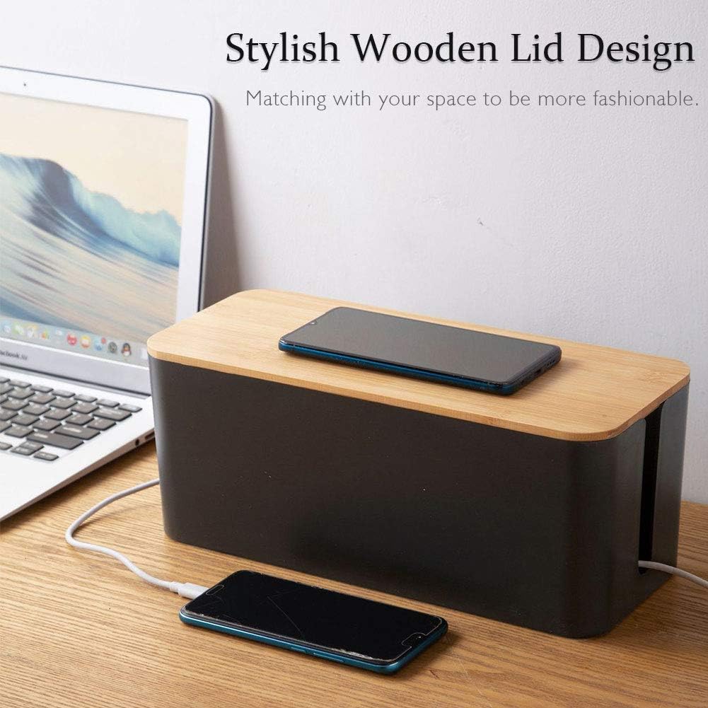 PowerKing Cable Management Boxes Organizer, Bamboo Lid, Large Storage Wires Keeper Holder for Desk, TV, Computer, USB Hub, System to Cover and Hide & Power Strips & Cords (Ice White)