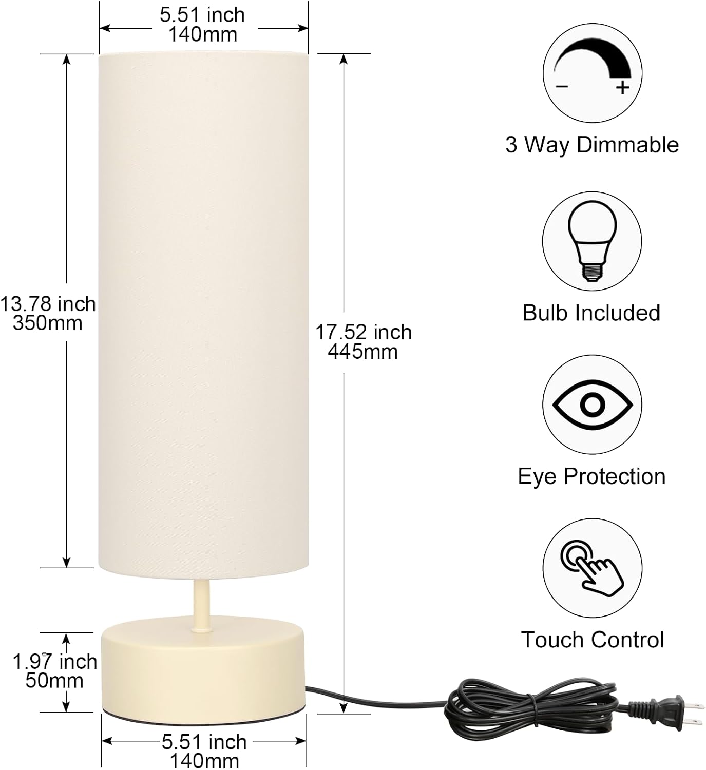 Touch Table Lamp, 3-Way Dimmable Modern Minimalist Accent Bedside Lamp with Cylinder Fabric Shade, Night Light Nightstand Desk Lamp for Bedroom Living Room Kitchen, 9W LED Bulb Included