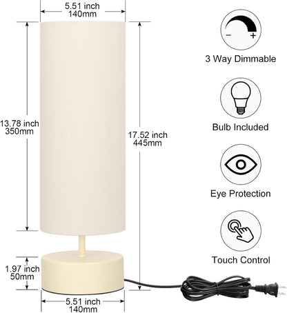 Touch Table Lamp, 3-Way Dimmable Modern Minimalist Accent Bedside Lamp with Cylinder Fabric Shade, Night Light Nightstand Desk Lamp for Bedroom Living Room Kitchen, 9W LED Bulb Included