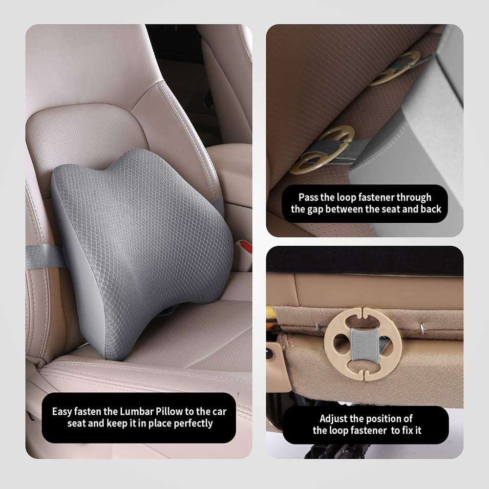Memory Foam Lumbar Support Pillow for Car - Lower Back Support Cushion for Driving, Back Pain Relief for Car Seat, Office Chair, Wheelchair (Gray)