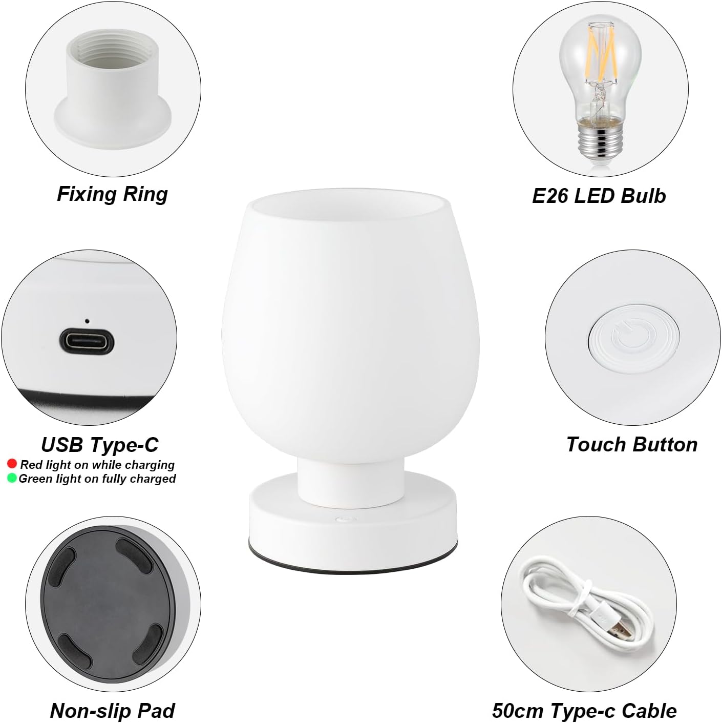 Seealle Touch Table Lamp for Nightstand - Small Bedside Lamp for Bedroom Living Room Night Stands, Desk Lamp with White Glass Shade for Small Spaces, 3 Way Dimmable, LED Bulbs, Gifts