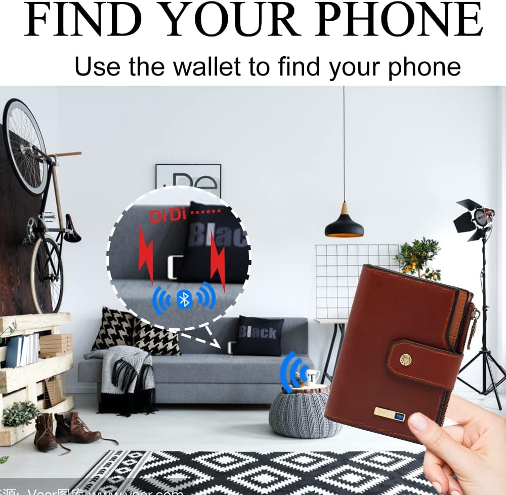 Anti-Lost Bluetooth Wallet Tracker Finder, Slim Trifold Cowhide Mens Wallet with ID Window Credit Card Holder Pocket (Coffee2-OLD)