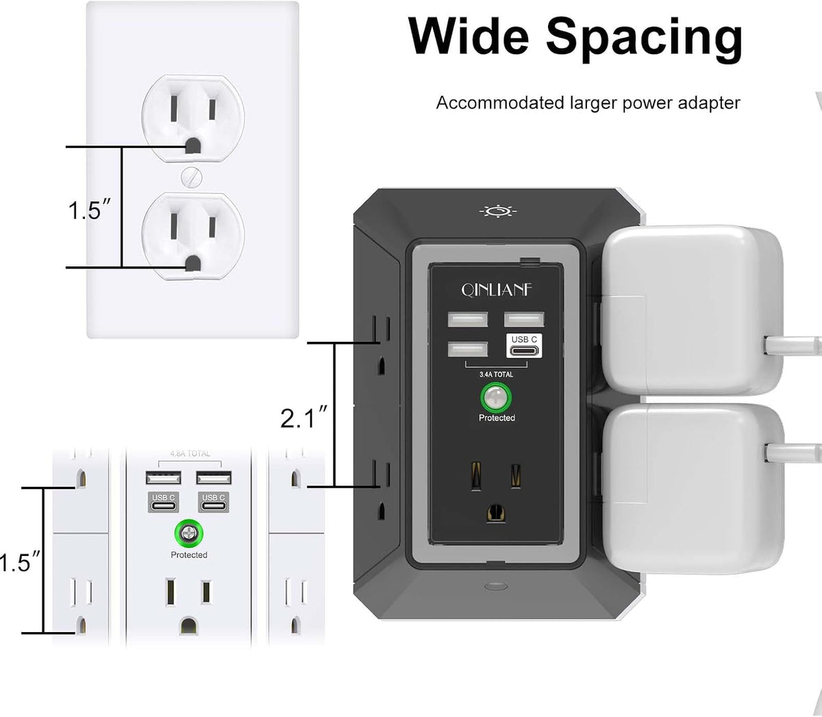 Wall Charger, Surge Protector, QINLIANF 5 Outlet Extender with 4 USB Ports