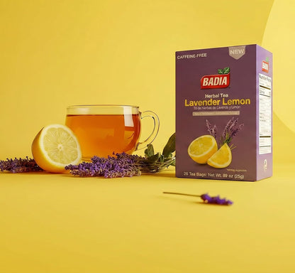 Badia Lavender & Lemon Tea – Herbal Tea with Floral Lavender & Citrus Lemon Supporting Stress Relief and Relaxation, Hot or Iced Teas, Kosher, Caffeine-Free, 25 Tea Bags