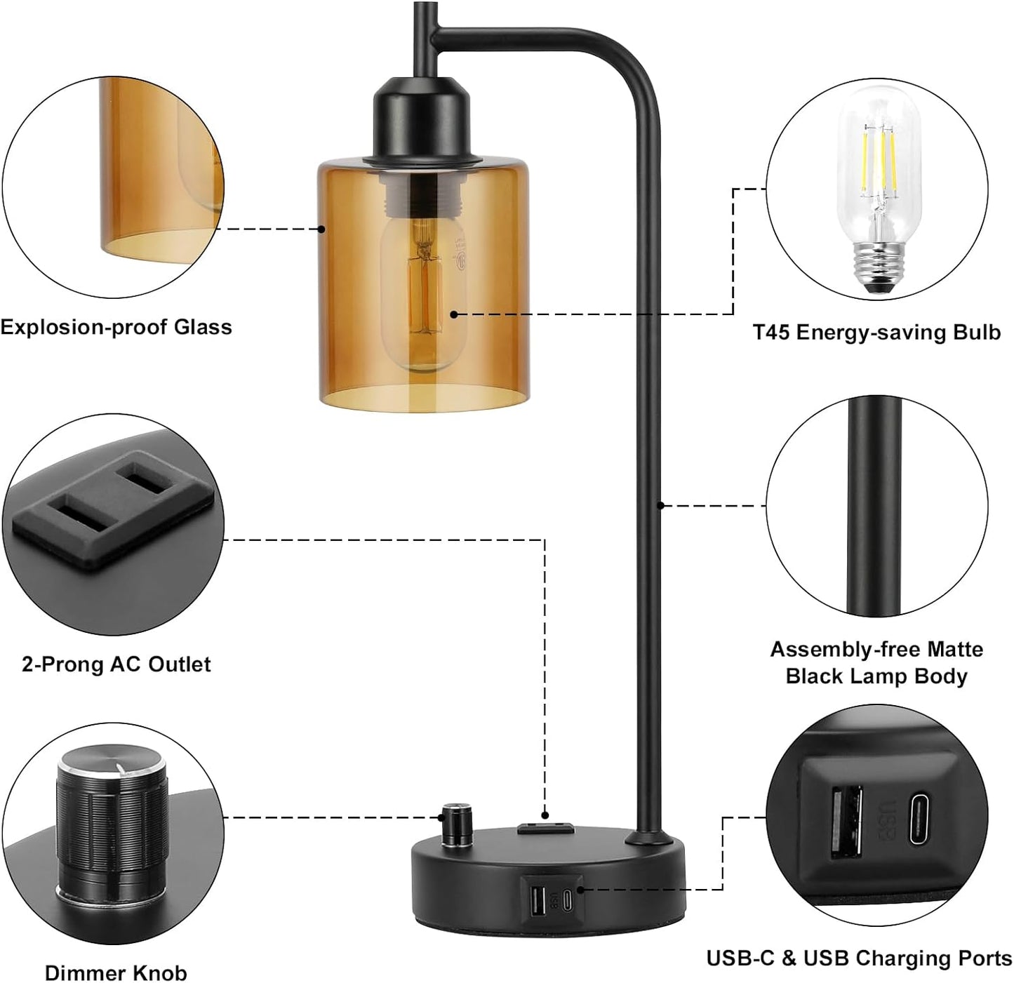 Industrial Table Lamps for Bedrooms Set of 2 - Fully Dimmable Bedside Lamps with USB A and C Ports and Outlet, Black Nightstand Lamps with Glass Shade for Living Room, Desk Lamps for Office Reading