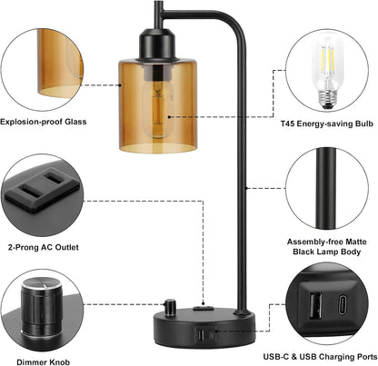 Industrial Table Lamps for Bedrooms Set of 2 - Fully Dimmable Bedside Lamps with USB A and C Ports and Outlet, Black Nightstand Lamps with Glass Shade for Living Room, Desk Lamps for Office Reading