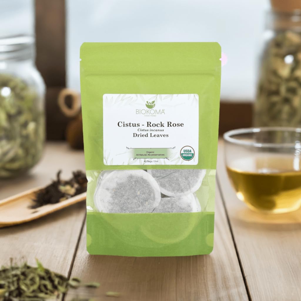 Biokoma Organic Cistus Rock Rose Tea Bags 40 Count Cistus Incanus Dried Leaves USDA Organic Herbal Tea Immune Respiratory Support Resealable Pouch Caffeine-Free Pure No Preservatives Non GMO Kosher