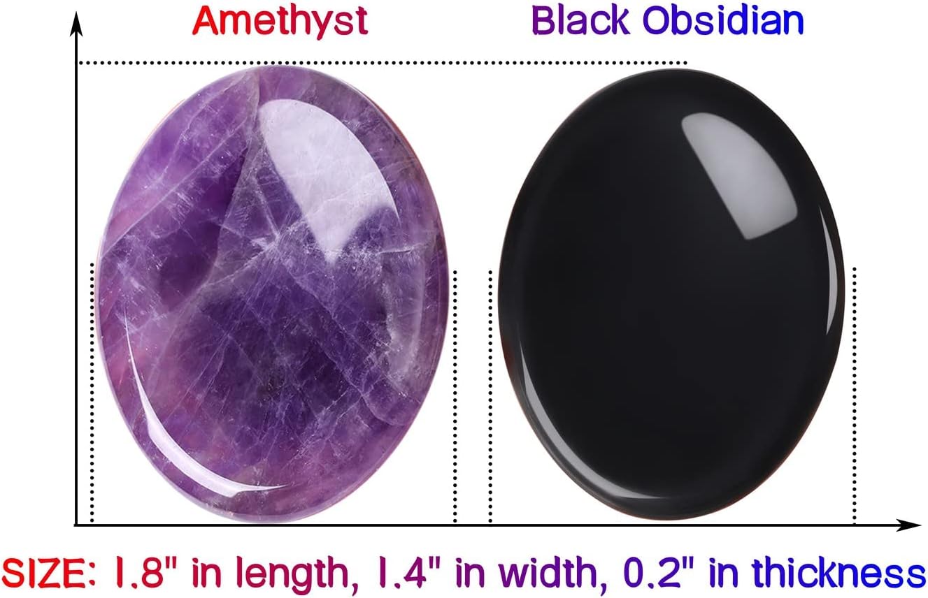 2PCS Worry Stone for Anxiety Tigers Eye Amethyst Healing Crystals Hand Thumb Stones Pocket Gemstones Meditation Accessories Oval Crystal Natural Relax Palm Stone Anxiety Relief Items Stocking Stuffers