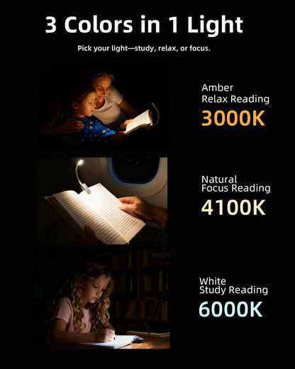Book Lights for Reading at Night,Reading Light,Clip-On Led Reading Light with 3 Colors & Stepless Dimming,Portable and Ultra-Lightweight with Long Runtime (White)