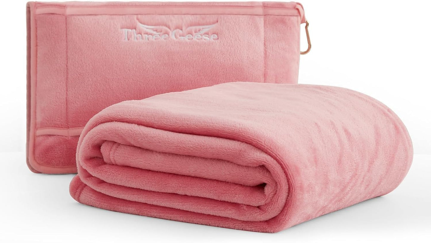 Three Geese Travel Blanket & Pillow 2-in-1 – Ultra-Soft Fleece Airplane Blanket 65"x40", Compact Carry Case with Luggage Sleeve & Backpack Clip, Lightweight Travel Essentials for Flight, Camping, Car