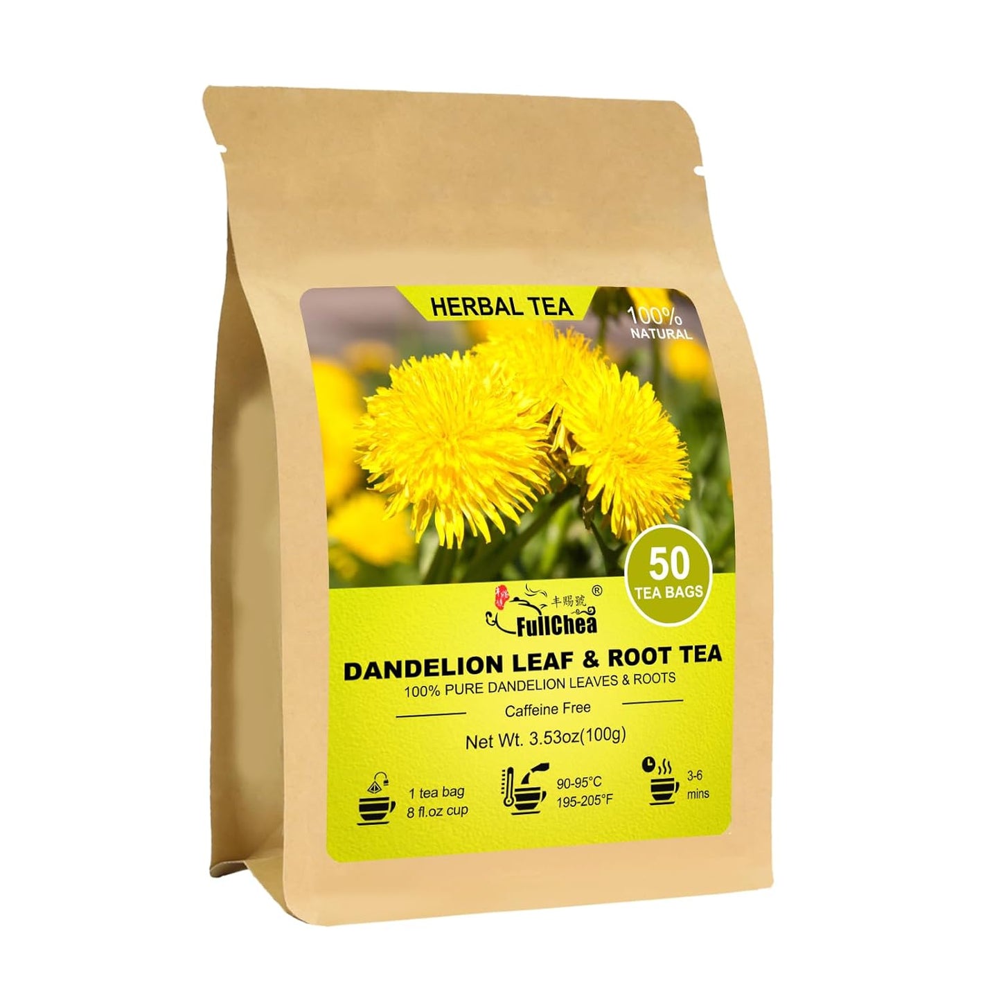 FullChea - Dandelion Leaf & Root Tea Bags, 50 Teabags, 2g/bag - Natural Dandelion Herbal Tea for Liver & Kidney Health - Non-GMO - Caffeine-free - Support Digestion & Boost Immune System