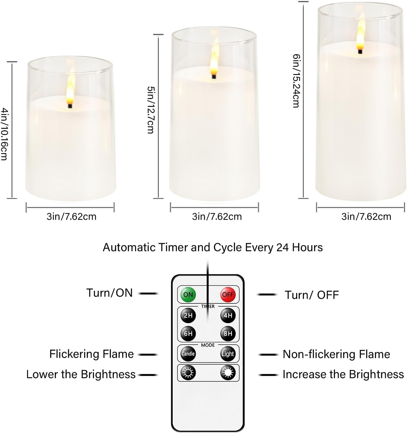 kakoya Flickering Flameless Candles Battery Operated with Remote and 2/4/6/8 H Timer Acrylic Led Pillar Candles Pack of 9 (appr D2.3"xH5.5"6.5"7.5")with Realistic 3D Wick Candles for Home Decor(White)