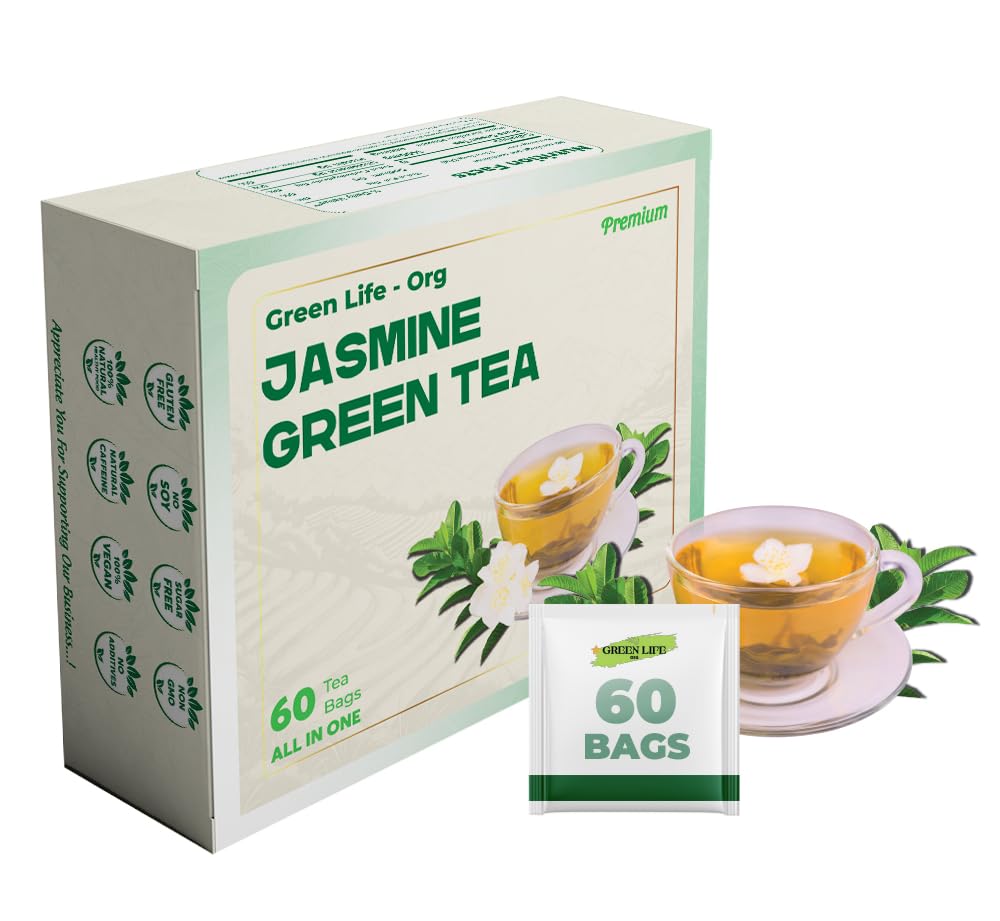 60 Jasmine Green Tea Bags, 100% Natural Ingredients Herbal Tea, Individually Wrapped Seal, Blend for Wellness, Vegan, No Sugar,Floral Smoothness, Caffeinated,, Boost Immunity & Rich in Antioxidants. (Jasmine + Green Tea)