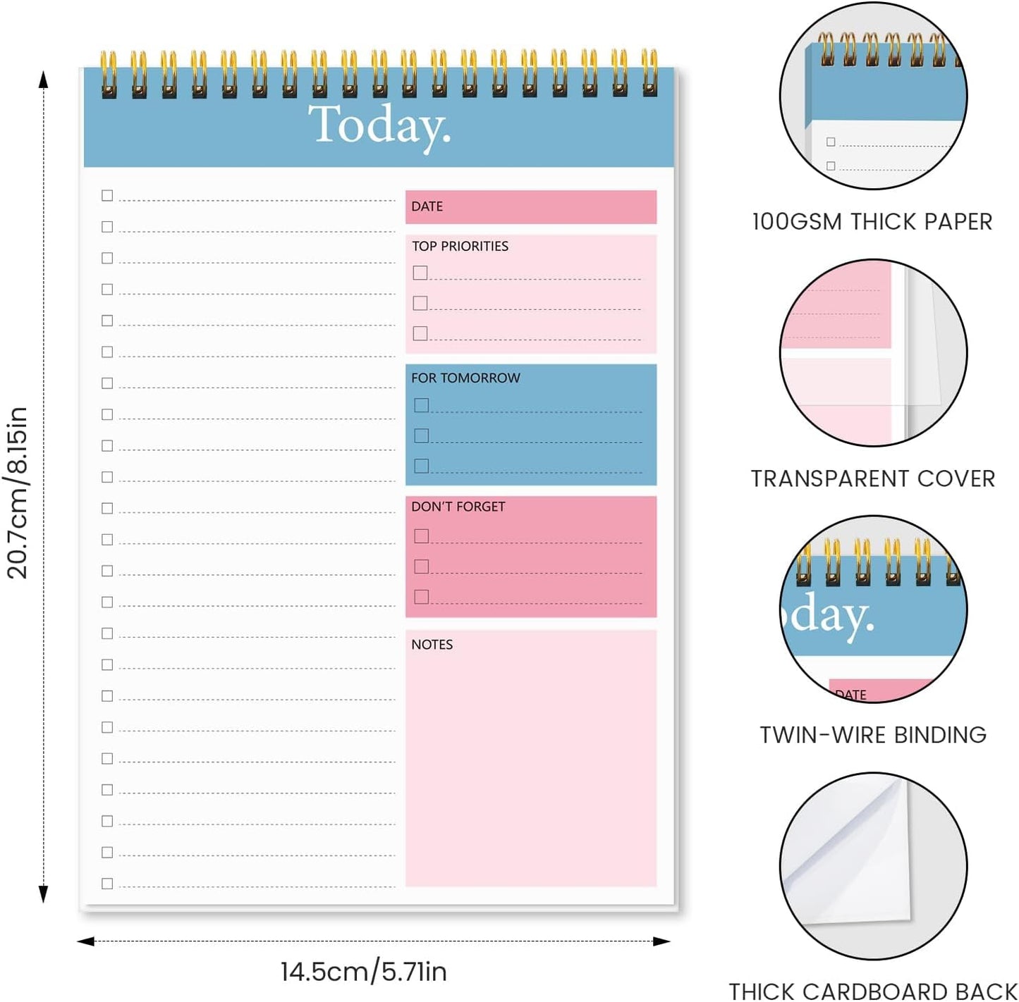 To Do List Notepad - Daily Planner Notepad 104 Pages Task Planner, 6.7" x 9.8" Double Sided Spiral Notebook with Checklist Productivity Planning Pad for Work Office Home-Pink