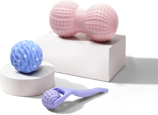 Massage Ball Set Peanut Ball 3.35"Fascia Ball for Foot Handle Ball for Back | 3 in 1 Silicone Fascia Ball Myofascial Release Kit for Plantar Fasciitis Deep Tissue Trigger Point