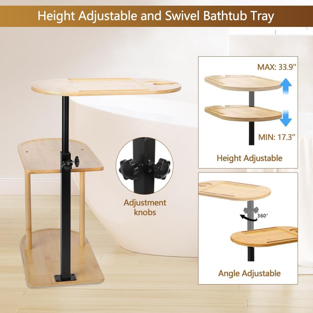 3 Layer Bathtub Tray Table,Bamboo Swivel Bathtub Side Table Height Adjustable,Freestanding Bathtub Tray for Tub Against Wall,Bathtub Accessories&Bathroom Organizer for Luxury Home Spa (Black)