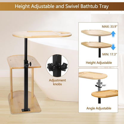 3 Layer Bathtub Tray Table,Bamboo Swivel Bathtub Side Table Height Adjustable,Freestanding Bathtub Tray for Tub Against Wall,Bathtub Accessories&Bathroom Organizer for Luxury Home Spa (Black)
