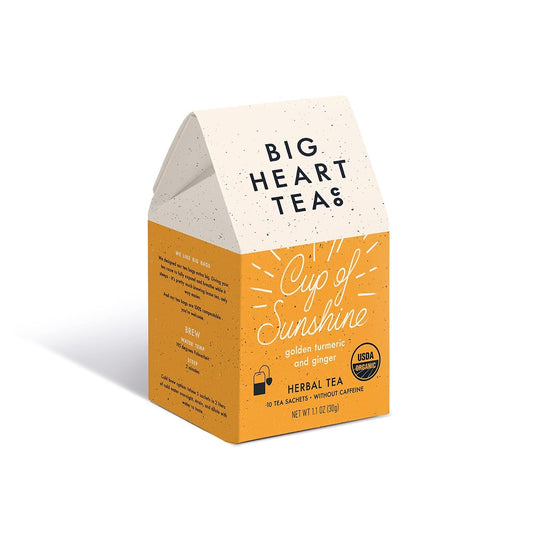 Big Heart Tea Co. Ginger Turmeric Tea, Certified Organic Tea Bags (10 Count) Herbal Caffeine Free Blend with Adaptogenic Tulsi, Peppercorn, Cinnamon - Cup of Sunshine