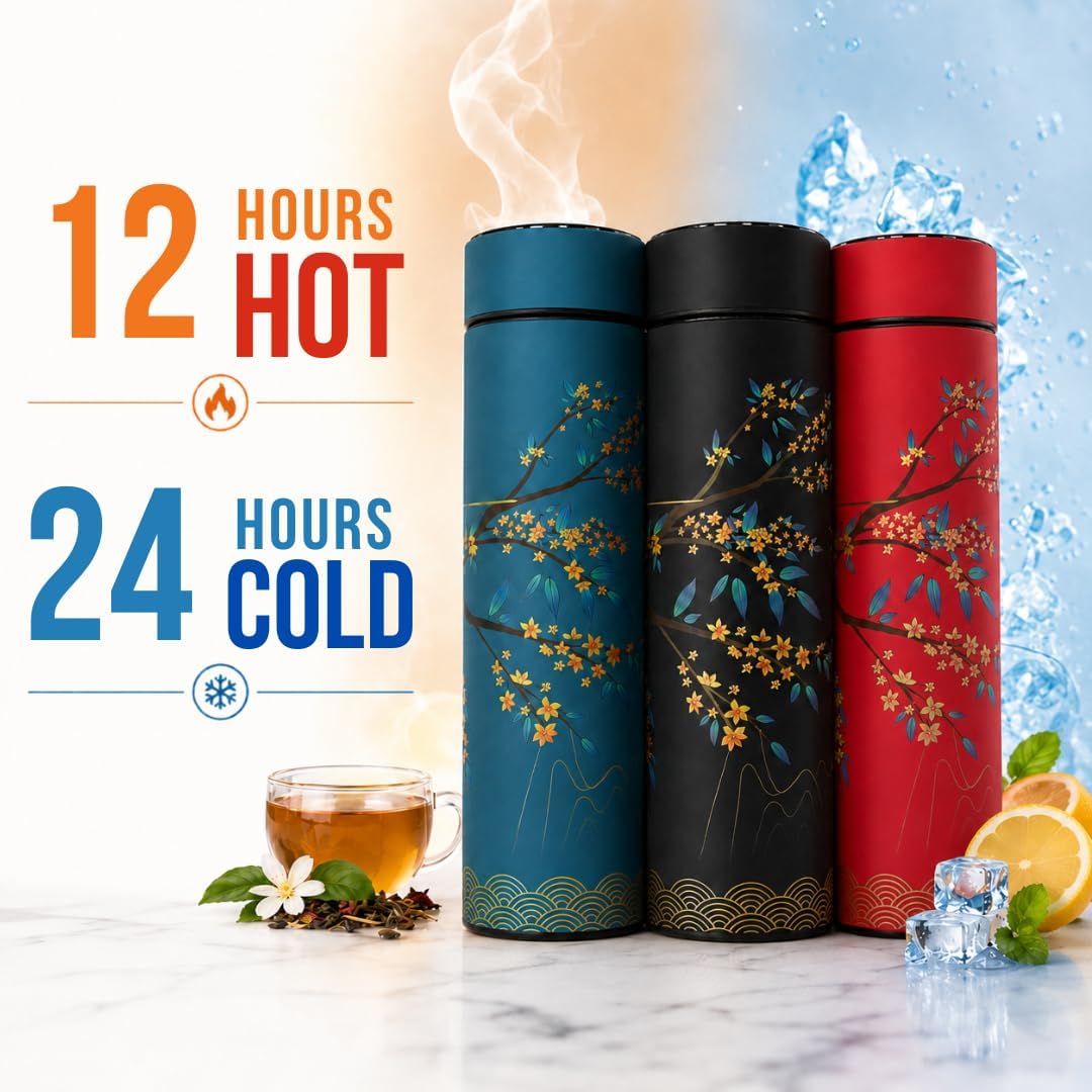 Farasi Tea Infuser for Loose Leaf Tea Smart Water Bottle with Fahrenheit Temperature Display, Stainless Steel Insulated Coffee and Fruit Tea Infuser Bottle - Floral Travel Tea Mugs 15 oz (Black)