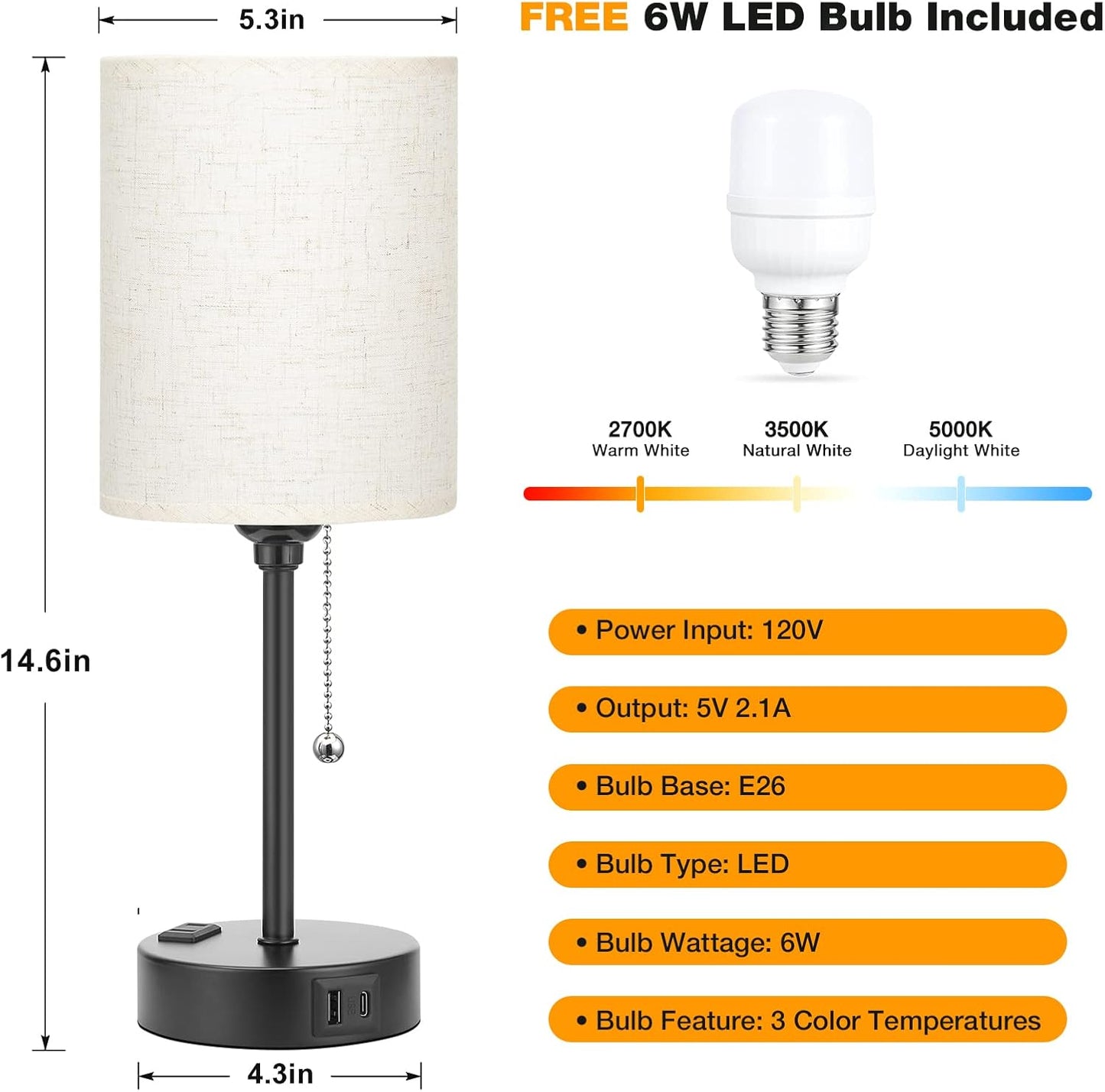 Small Bedside Table lamp for Bedroom - 3 Color Temperatures Bedside Lamps with USB C and A Ports, Pull Chain Table Lamps with AC Outlet, White Nightstand Lamps with Black Metal Base for Kids Reading