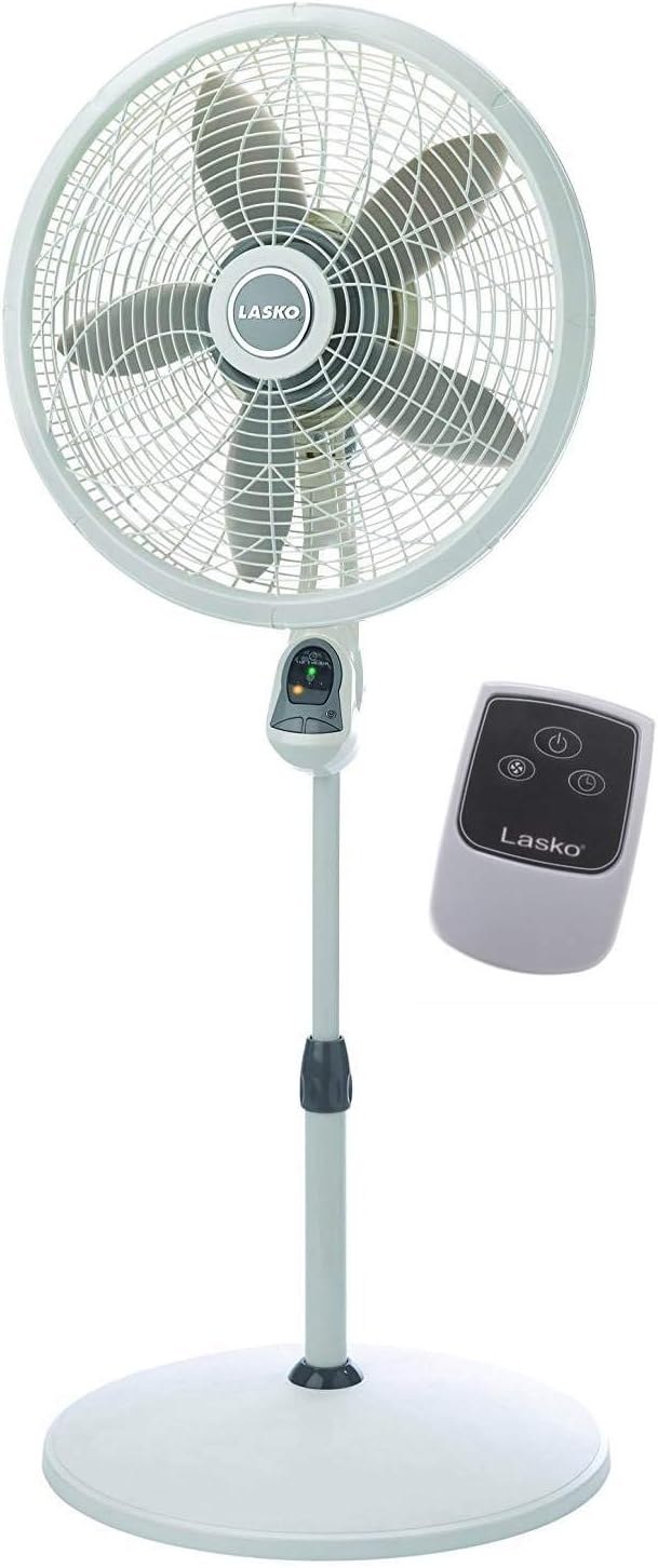 Lasko Oscillating Adjustable Pedestal Stand Fan with Timer and Remote for Indoor, Bedroom, Living Room, Home Office & College Dorm Use, 16 Inch, White, 1646