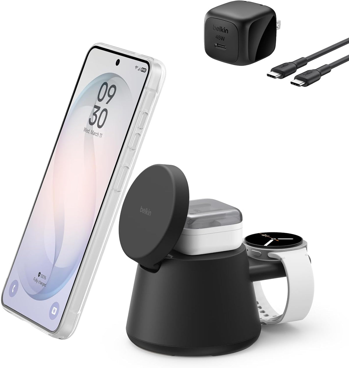Belkin Qi2.2 25W Magnetic Wireless Charging Station, 3 in 1 Samsung Charger