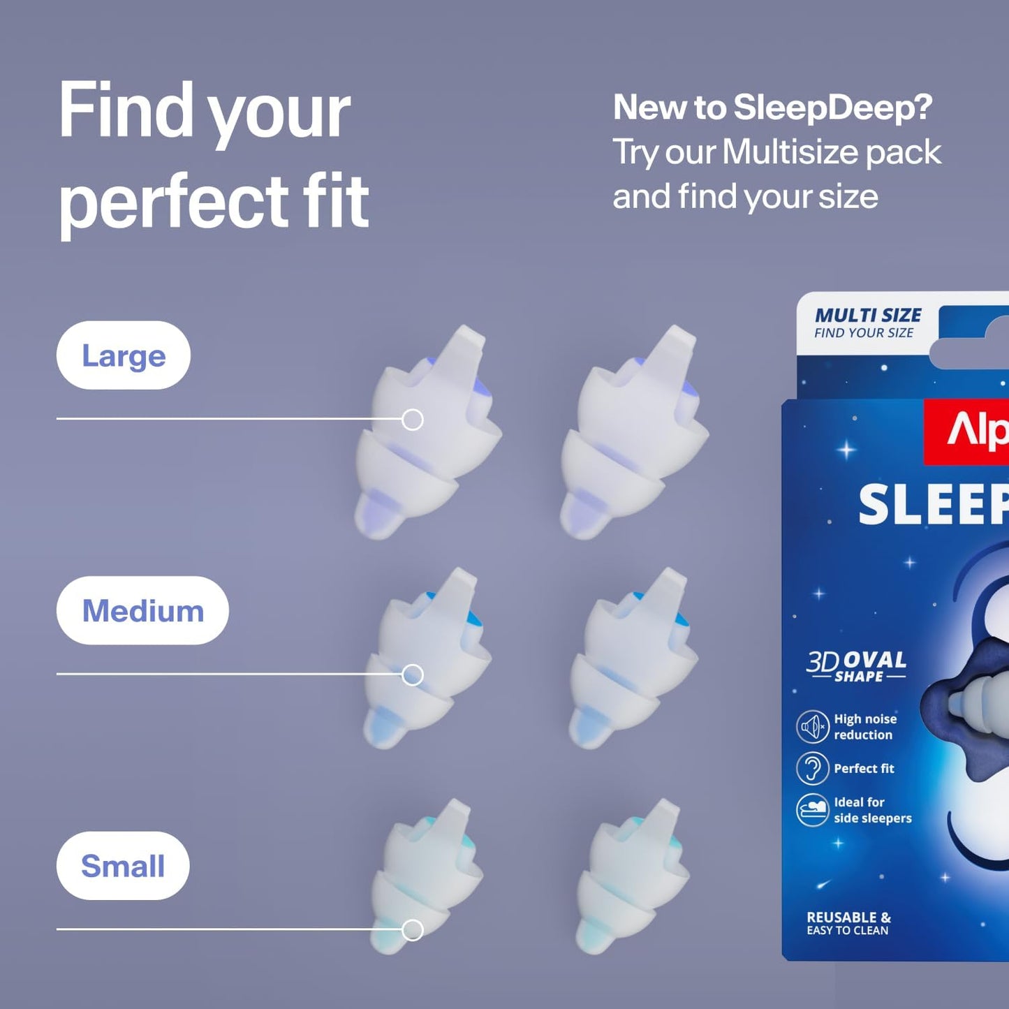 Alpine SleepDeep Earplugs for Sleeping – Side Sleepers & Snoring – Ultra-Soft Noise Reducing Earplugs – 27dB SNR – Hypoallergenic, Silicone-Free – 3 Pairs (S, M, L)