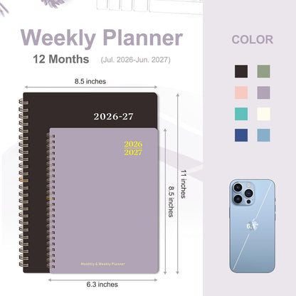 Planner 2026-2027, Weekly and Monthly Calendar Planner, JUL 2026 - JUN 2027 | A5(6.3'' x 8.5''), Hardcover, Agenda Book, Sprial Bound, Inner Pocket, Office and School Use