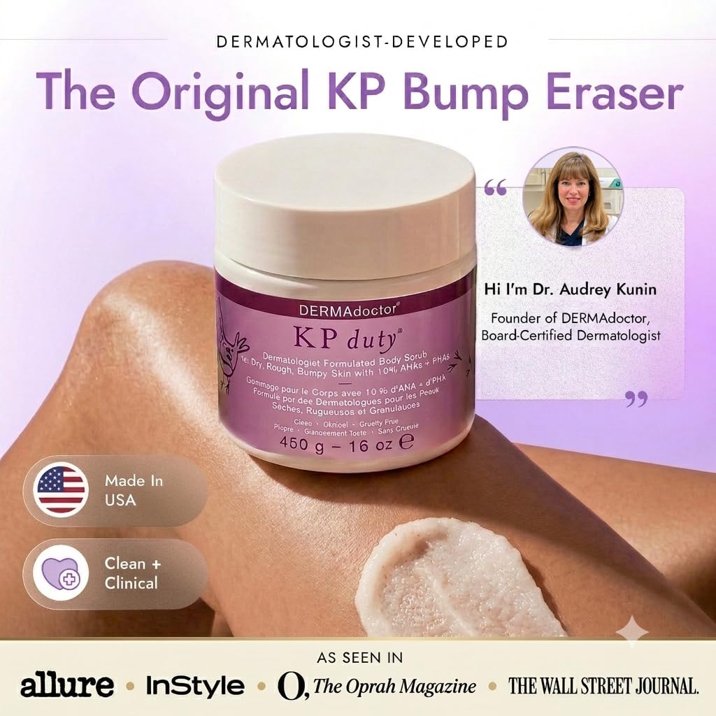 DERMAdoctor KP Bump Eraser Body Scrub with 10% AHAs + PHAs for Keratosis Pilaris, Dry, Rough, and Bumpy Skin, Dermatologist Formulated Exfoliating Body Scrub with Glycolic and Lactic acids - 8 Fl oz