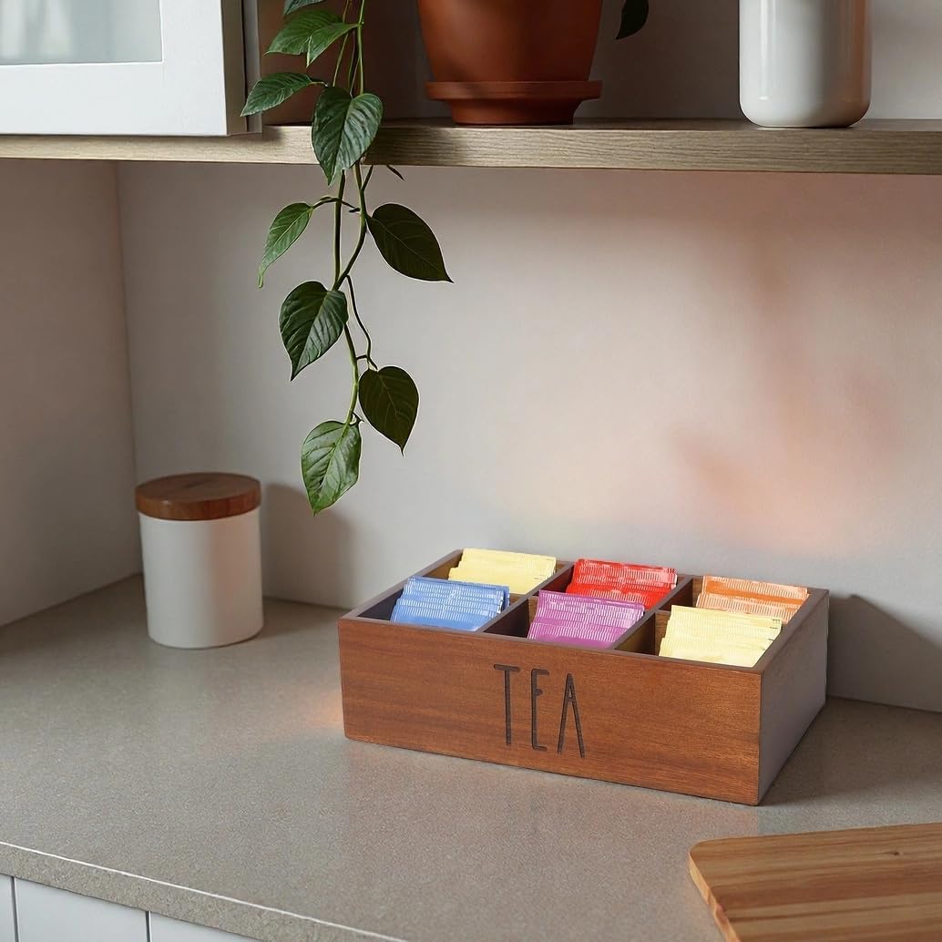 LBEMEY Tea Bag Organizer, Wood Tea Storage Containers with 6 Compartments, Sugar Packet Holder,Tea Bag Caddy Box for Cabinet Countertop Office (Brown-Labeled "Tea")
